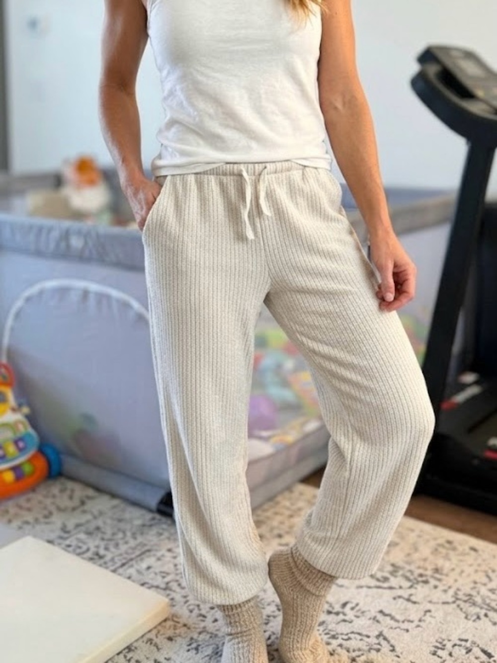 Another Story Textured Ribbed Tan Cream Wide-Leg Lounge Pants Palazzo Cotton